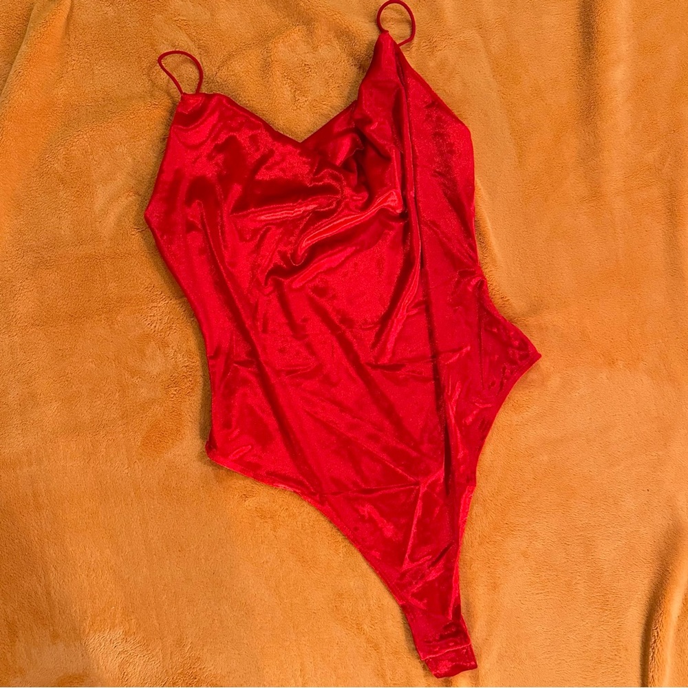 FOREVER 21 Red velvet cowlneck bodysuit NWT